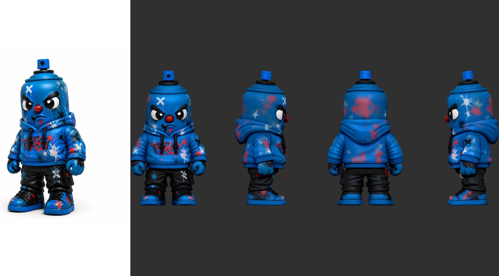 Spray Wayde founding BRYK figure design shown from the front, side and back